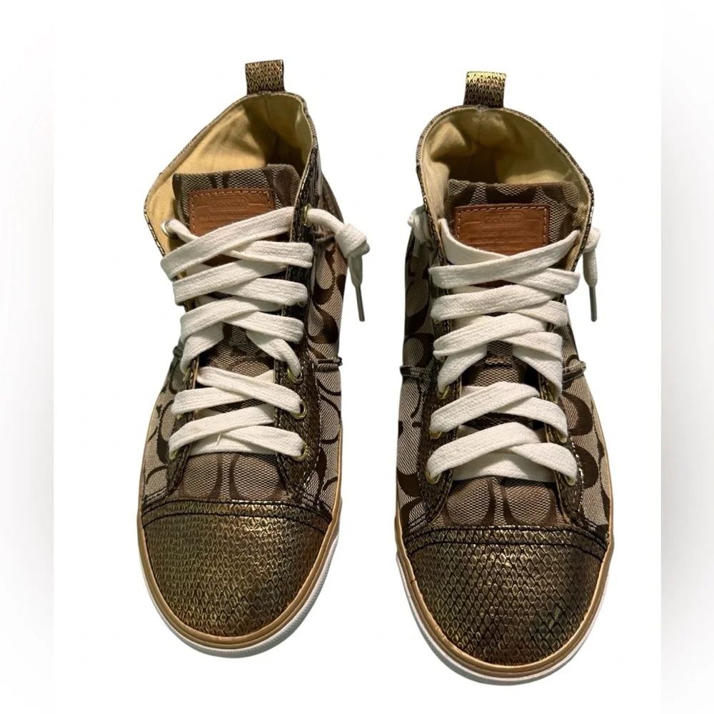 COACH Brown and Gold Indiana Hightop Sneakers Size 8.5 B